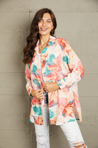 Shop Double Take Floral Long Sleeve Slit Longline Shirt Now On Klozey Store - Trendy U.S. Premium Women Apparel & Accessories And Be Up-To-Fashion!