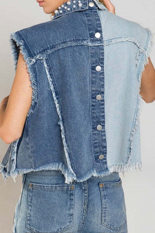 Shop Pearl Raw Hem Sleeveless Denim Jacket Now On Klozey Store - Trendy U.S. Premium Women Apparel & Accessories And Be Up-To-Fashion!