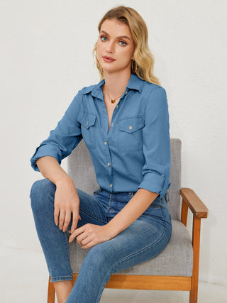Shop Pocketed Button Up Long Sleeve Denim Shirt Now On Klozey Store - Trendy U.S. Premium Women Apparel & Accessories And Be Up-To-Fashion!