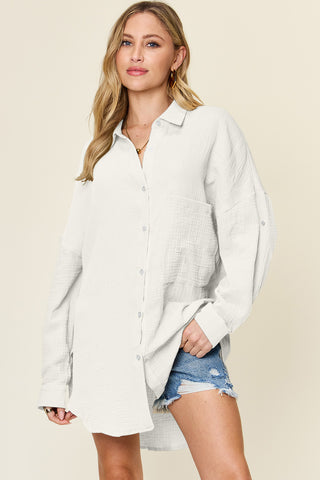Shop Double Take Full Size Pocketed Texture Button Up Shirt Now On Klozey Store - Trendy U.S. Premium Women Apparel & Accessories And Be Up-To-Fashion!