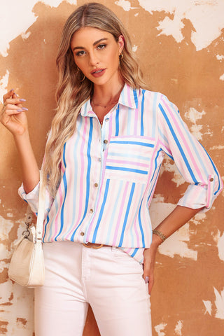 Shop Double Take Striped Long Sleeve Collared Shirt Now On Klozey Store - Trendy U.S. Premium Women Apparel & Accessories And Be Up-To-Fashion!