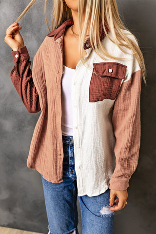 Shop Double Take Color Block Textured Drop Shoulder Shacket Now On Klozey Store - Trendy U.S. Premium Women Apparel & Accessories And Be Up-To-Fashion!