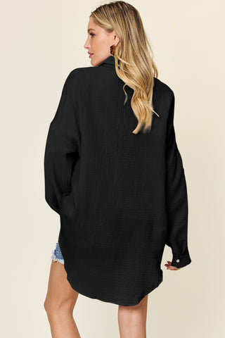 Shop Double Take Full Size Pocketed Texture Button Up Shirt Now On Klozey Store - Trendy U.S. Premium Women Apparel & Accessories And Be Up-To-Fashion!