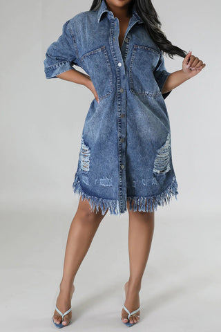 Shop Distressed Raw Hem Button Up Denim Dress Now On Klozey Store - Trendy U.S. Premium Women Apparel & Accessories And Be Up-To-Fashion!