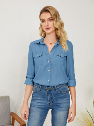 Shop Pocketed Button Up Long Sleeve Denim Shirt Now On Klozey Store - Trendy U.S. Premium Women Apparel & Accessories And Be Up-To-Fashion!