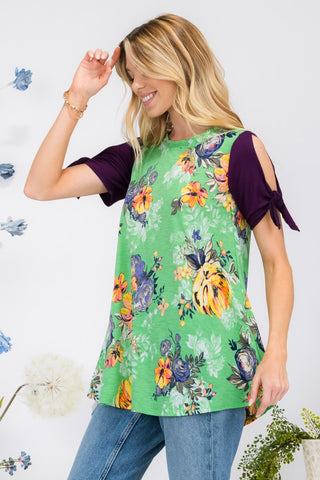 Shop Celeste Full Size Open Tie Sleeve Round Neck Floral Blouse Now On Klozey Store - Trendy U.S. Premium Women Apparel & Accessories And Be Up-To-Fashion!