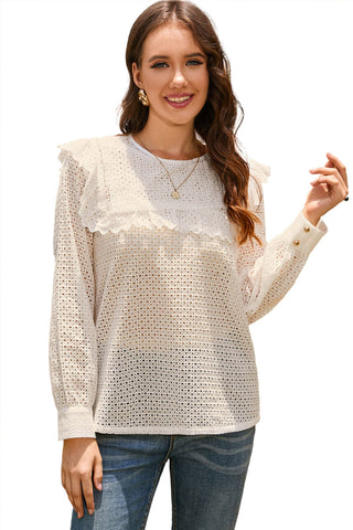 Shop Double Take Ruffled Round Neck Eyelet Blouse Now On Klozey Store - Trendy U.S. Premium Women Apparel & Accessories And Be Up-To-Fashion!