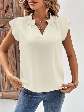 Shop Notched Cap Sleeve Blouse Now On Klozey Store - Trendy U.S. Premium Women Apparel & Accessories And Be Up-To-Fashion!