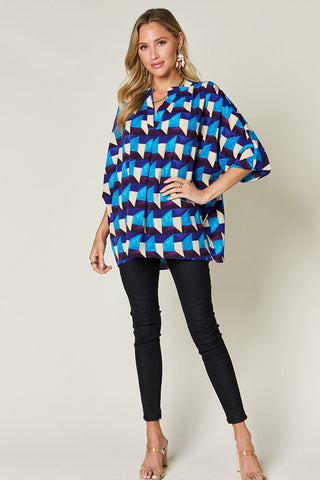 Shop Double Take Full Size Geometric Notched Half Sleeve Blouse Now On Klozey Store - Trendy U.S. Premium Women Apparel & Accessories And Be Up-To-Fashion!
