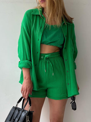 Shop Texture Button Up Shirt and Drawstring Shorts Set Now On Klozey Store - Trendy U.S. Premium Women Apparel & Accessories And Be Up-To-Fashion!