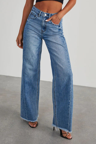 Shop Raw Hem Wide Leg Jeans with Pockets Now On Klozey Store - Trendy U.S. Premium Women Apparel & Accessories And Be Up-To-Fashion!