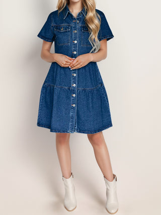 Shop Button Up Short Sleeve Denim Dress Now On Klozey Store - Trendy U.S. Premium Women Apparel & Accessories And Be Up-To-Fashion!