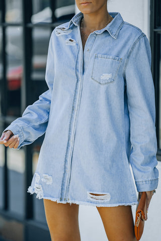 Shop Distressed Snap Down Denim Jacket Now On Klozey Store - Trendy U.S. Premium Women Apparel & Accessories And Be Up-To-Fashion!