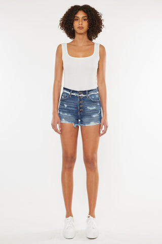 Shop Kancan Distressed Button Fly Denim Shorts Now On Klozey Store - Trendy U.S. Premium Women Apparel & Accessories And Be Up-To-Fashion!