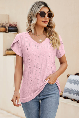 Shop Eyelet V-Neck Petal Sleeve T-Shirt Now On Klozey Store - Trendy U.S. Premium Women Apparel & Accessories And Be Up-To-Fashion!