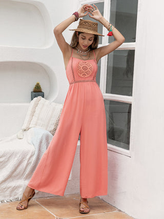 Shop Openwork Spaghetti Strap Wide Leg Jumpsuit Now On Klozey Store - Trendy U.S. Premium Women Apparel & Accessories And Be Up-To-Fashion!