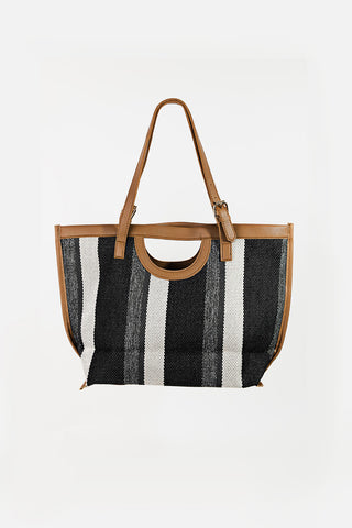 Shop Fame Striped PU Leather Trim Tote Bag Now On Klozey Store - Trendy U.S. Premium Women Apparel & Accessories And Be Up-To-Fashion!