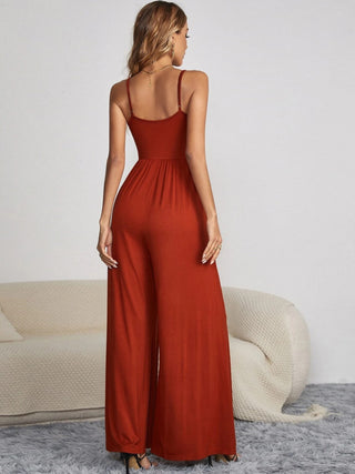 Shop Decorative Button Spaghetti Strap Wide Leg Jumpsuit Now On Klozey Store - Trendy U.S. Premium Women Apparel & Accessories And Be Up-To-Fashion!
