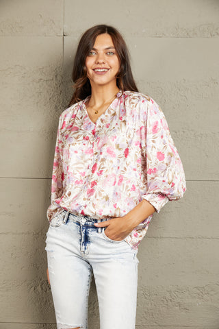 Shop Double Take Floral V-Neck Long Sleeve Shirt Now On Klozey Store - Trendy U.S. Premium Women Apparel & Accessories And Be Up-To-Fashion!