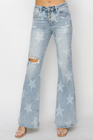 Shop RISEN Mid Rise Button Fly Start Print Flare Jeans Now On Klozey Store - Trendy U.S. Premium Women Apparel & Accessories And Be Up-To-Fashion!