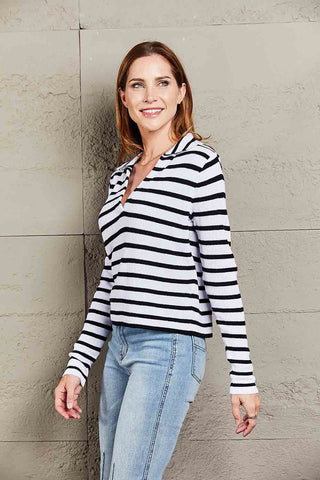 Shop Double Take Striped Johnny Collar Long Sleeve Knit Top Now On Klozey Store - Trendy U.S. Premium Women Apparel & Accessories And Be Up-To-Fashion!