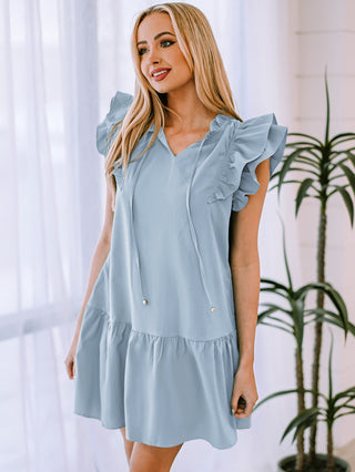 Shop Ruffle Shoulder Tie-Neck Tiered Dress Now On Klozey Store - Trendy U.S. Premium Women Apparel & Accessories And Be Up-To-Fashion!