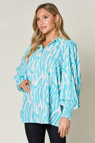 Shop Double Take Full Size Printed Smocked Long Sleeve Blouse Now On Klozey Store - Trendy U.S. Premium Women Apparel & Accessories And Be Up-To-Fashion!