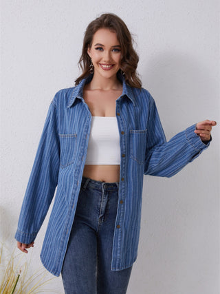 Shop Pocketed Striped Button Up Denim Shirt Now On Klozey Store - Trendy U.S. Premium Women Apparel & Accessories And Be Up-To-Fashion!