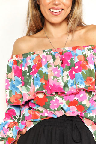 Shop Double Take Floral Off-Shoulder Flounce Sleeve Layered Blouse Now On Klozey Store - Trendy U.S. Premium Women Apparel & Accessories And Be Up-To-Fashion!