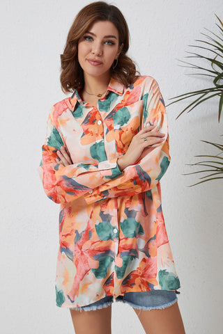 Shop Double Take Floral Long Sleeve Slit Longline Shirt Now On Klozey Store - Trendy U.S. Premium Women Apparel & Accessories And Be Up-To-Fashion!