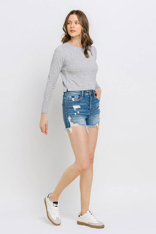 Shop Vervet by Flying Monkey Distressed Raw Hem Denim Shorts Now On Klozey Store - Trendy U.S. Premium Women Apparel & Accessories And Be Up-To-Fashion!
