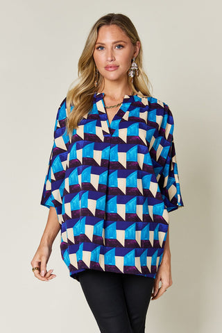 Shop Double Take Full Size Geometric Notched Half Sleeve Blouse Now On Klozey Store - Trendy U.S. Premium Women Apparel & Accessories And Be Up-To-Fashion!