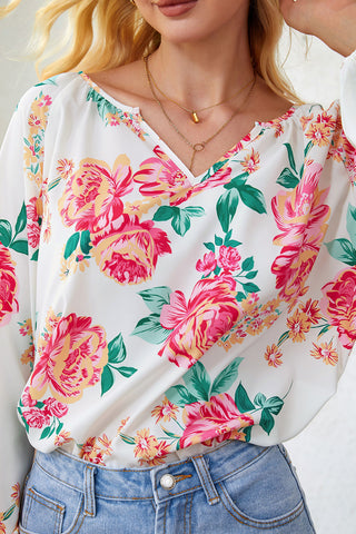 Shop Double Take Floral Notched Neck Long Sleeve Blouse Now On Klozey Store - Trendy U.S. Premium Women Apparel & Accessories And Be Up-To-Fashion!