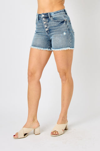 Shop Judy Blue Full Size Button Fly Raw Hem Denim Shorts Now On Klozey Store - Trendy U.S. Premium Women Apparel & Accessories And Be Up-To-Fashion!