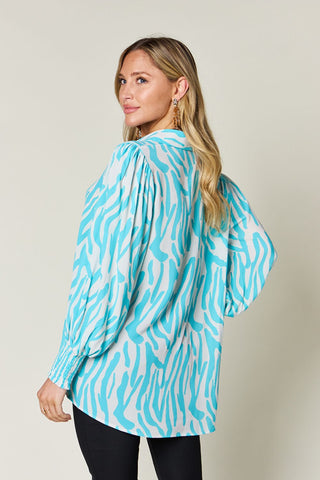 Shop Double Take Full Size Printed Smocked Long Sleeve Blouse Now On Klozey Store - Trendy U.S. Premium Women Apparel & Accessories And Be Up-To-Fashion!