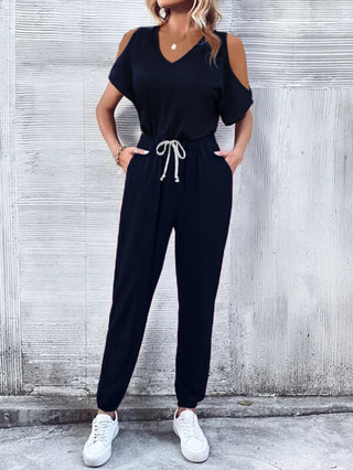 Shop V-Neck Cold-Shoulder Jumpsuit with Pockets Now On Klozey Store - Trendy U.S. Premium Women Apparel & Accessories And Be Up-To-Fashion!