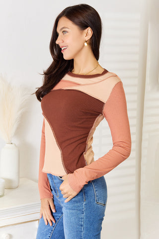Shop Double Take Color Block Exposed Seam Long Sleeve Top Now On Klozey Store - Trendy U.S. Premium Women Apparel & Accessories And Be Up-To-Fashion!