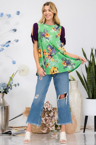 Shop Celeste Full Size Open Tie Sleeve Round Neck Floral Blouse Now On Klozey Store - Trendy U.S. Premium Women Apparel & Accessories And Be Up-To-Fashion!