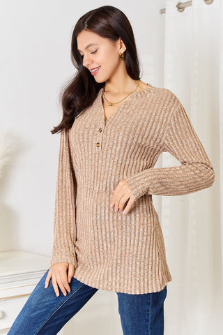 Shop Double Take Notched Neck Ribbed Long Sleeve T-Shirt Now On Klozey Store - Trendy U.S. Premium Women Apparel & Accessories And Be Up-To-Fashion!