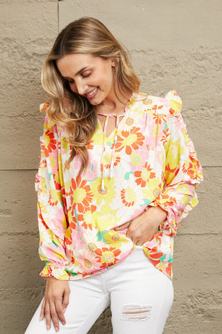 Shop Double Take Floral Tie Neck Ruffled Blouse Now On Klozey Store - Trendy U.S. Premium Women Apparel & Accessories And Be Up-To-Fashion!