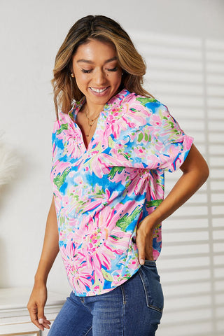 Shop Double Take Floral Notched Neck Short Sleeve Top Now On Klozey Store - Trendy U.S. Premium Women Apparel & Accessories And Be Up-To-Fashion!