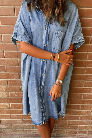 Shop Pocketed Button Up Half Sleeve Denim Dress Now On Klozey Store - Trendy U.S. Premium Women Apparel & Accessories And Be Up-To-Fashion!