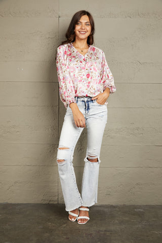 Shop Double Take Floral V-Neck Long Sleeve Shirt Now On Klozey Store - Trendy U.S. Premium Women Apparel & Accessories And Be Up-To-Fashion!