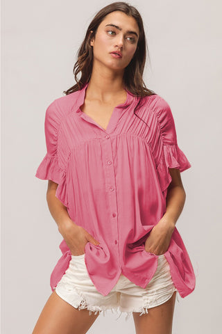 Shop BiBi Shirred Ruffled Button-Down Shirt Now On Klozey Store - Trendy U.S. Premium Women Apparel & Accessories And Be Up-To-Fashion!