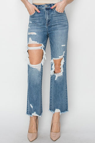 Shop RISEN High Rise Distressed Crop Straight Jeans Now On Klozey Store - Trendy U.S. Premium Women Apparel & Accessories And Be Up-To-Fashion!