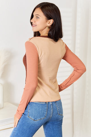 Shop Double Take Color Block Exposed Seam Long Sleeve Top Now On Klozey Store - Trendy U.S. Premium Women Apparel & Accessories And Be Up-To-Fashion!
