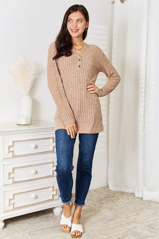 Shop Double Take Notched Neck Ribbed Long Sleeve T-Shirt Now On Klozey Store - Trendy U.S. Premium Women Apparel & Accessories And Be Up-To-Fashion!