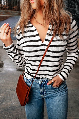 Shop Double Take Striped Johnny Collar Long Sleeve Knit Top Now On Klozey Store - Trendy U.S. Premium Women Apparel & Accessories And Be Up-To-Fashion!