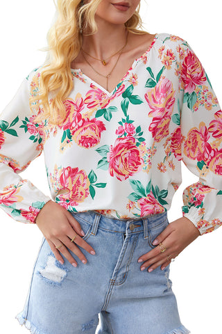 Shop Double Take Floral Notched Neck Long Sleeve Blouse Now On Klozey Store - Trendy U.S. Premium Women Apparel & Accessories And Be Up-To-Fashion!
