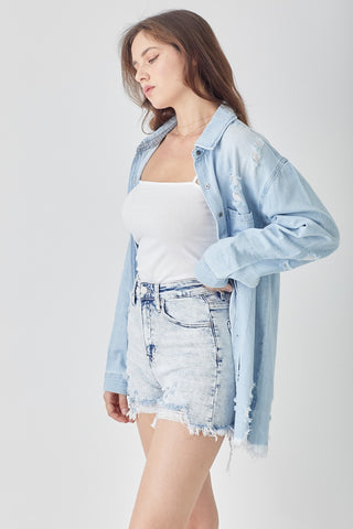 Shop RISEN Raw Hem Distressed High Rise Denim Shorts Now On Klozey Store - Trendy U.S. Premium Women Apparel & Accessories And Be Up-To-Fashion!